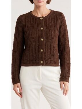 NWT Magaschoni Cotton Pointelle Open Knit Sweater Jacket Size XS in Chocolate